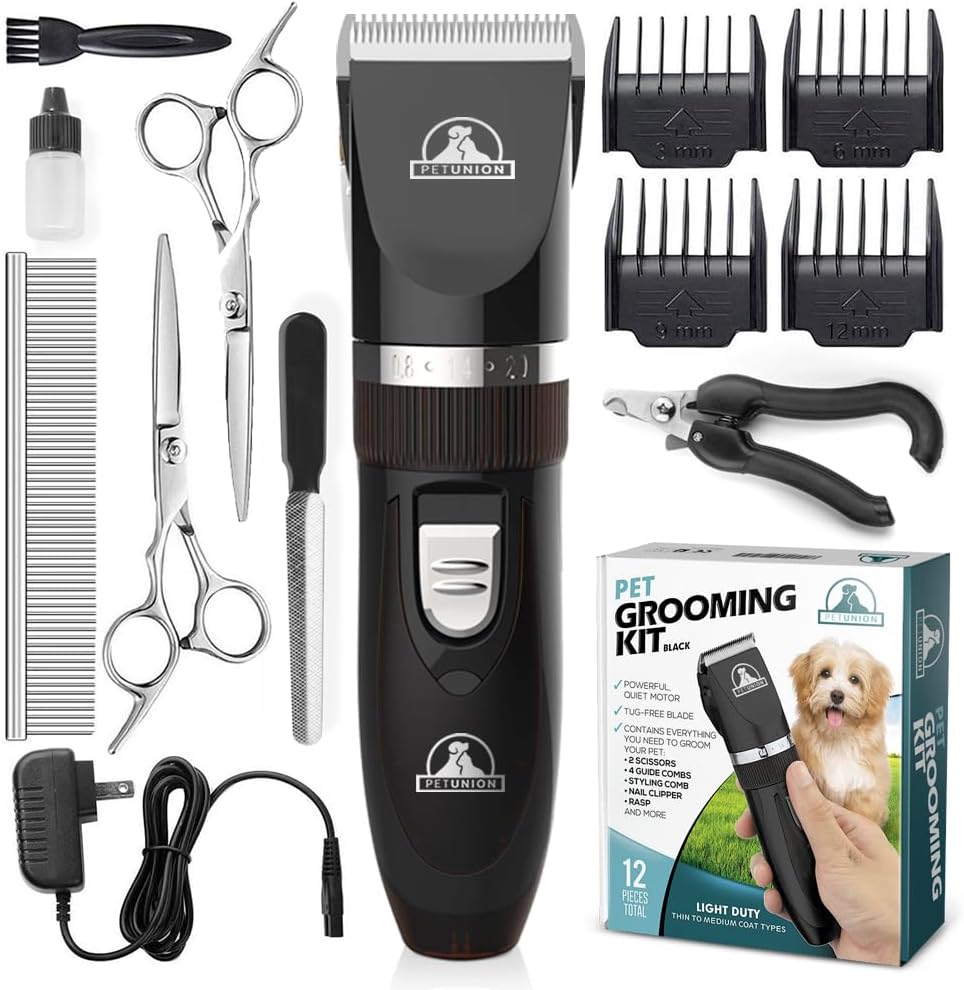 Pet Union Professional Grooming Kit - Rechargeable, Cordless Pet Grooming Clippers & Accessories, Low Noise, Suitable for Dogs, Cats and Other Pets (Grey)