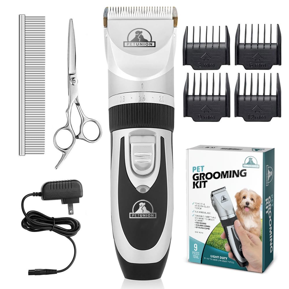 Pet Union Professional Grooming Kit - Rechargeable, Cordless Pet Grooming Clippers & Accessories, Low Noise, Suitable for Dogs, Cats and Other Pets (Grey)