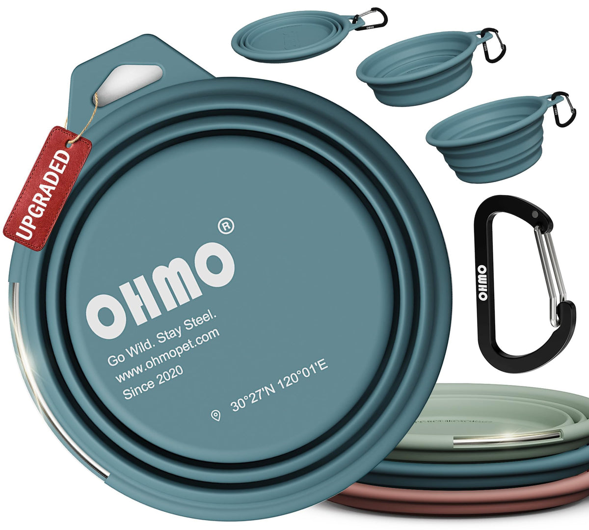 OHMO Collapsible Dog Water Bowl for Travel, 2pcs, 400ml, Light Blue&Grey