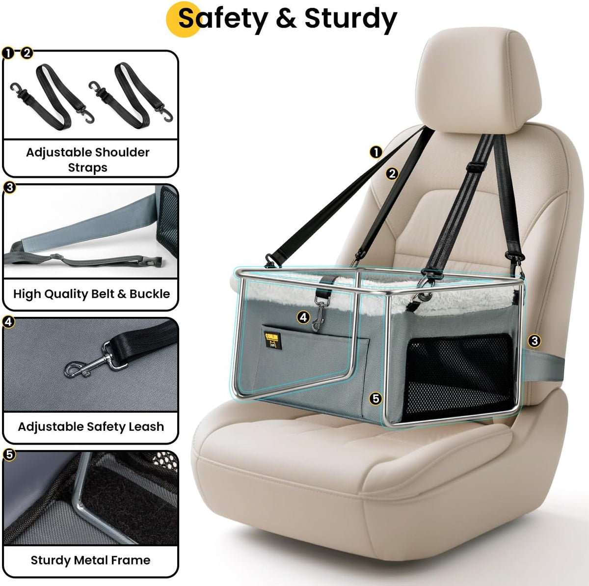 Conlun Dog Car Seat Booster | Steel Frame Anti-Collapse | Small Pet | Grey