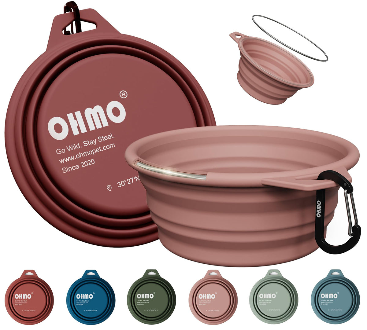 OHMO Collapsible Dog Water Bowl for Travel, 2pcs, 400ml, Light Blue&Grey