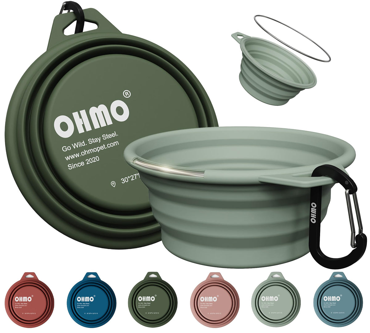 OHMO Collapsible Dog Water Bowl for Travel, 2pcs, 400ml, Light Blue&Grey
