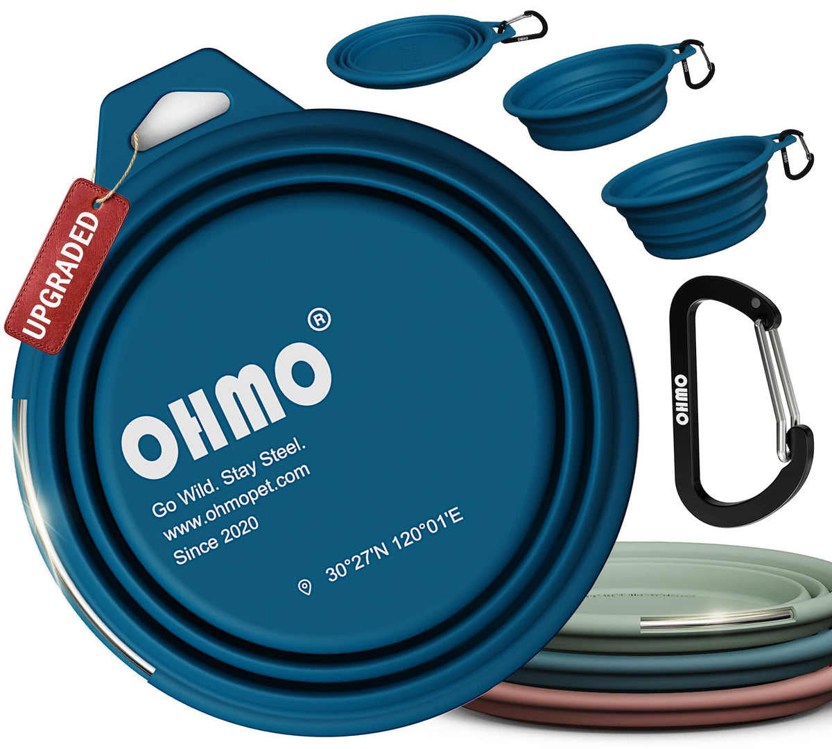 OHMO Collapsible Dog Water Bowl for Travel, 2pcs, 400ml, Light Blue&Grey