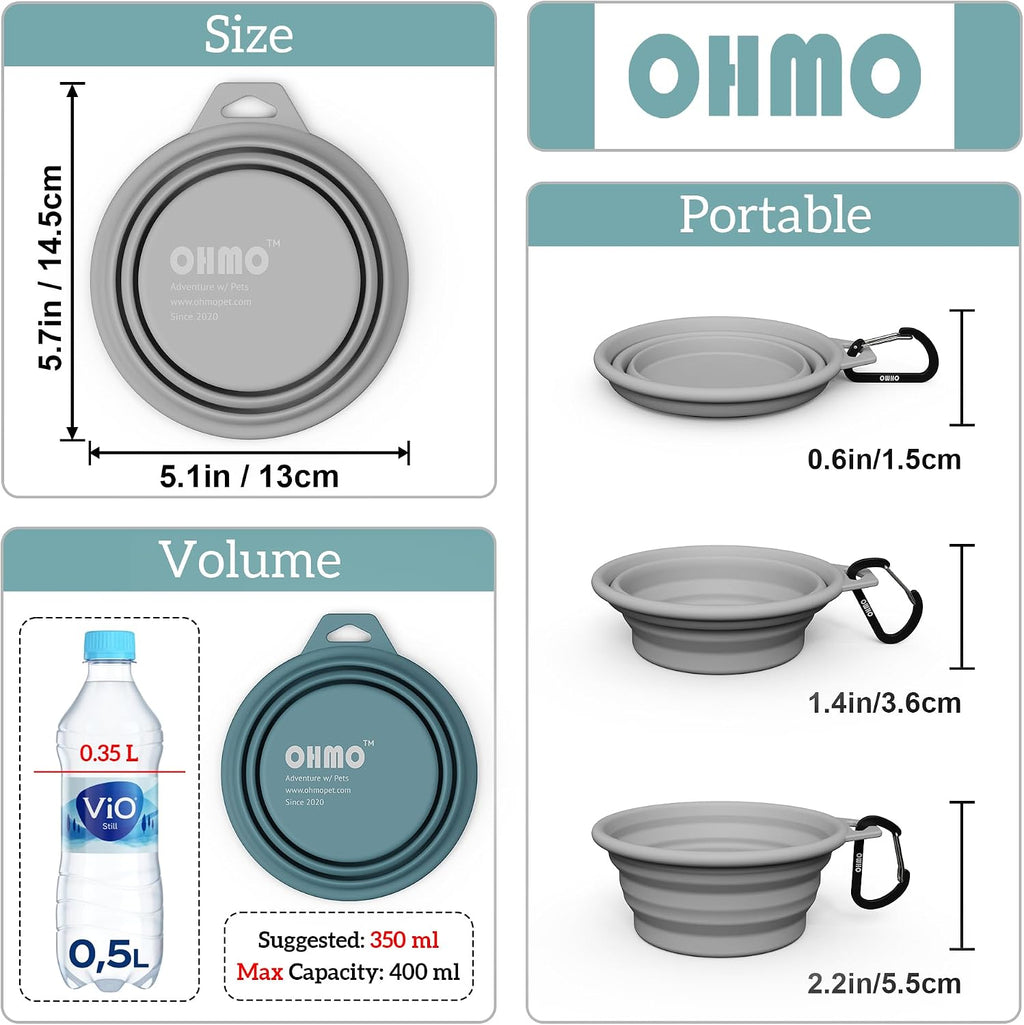 OHMO Collapsible Dog Water Bowl for Travel, 2pcs, 400ml, Light Blue&Grey