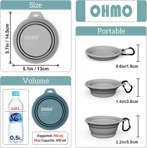 OHMO Collapsible Dog Water Bowl for Travel, 2pcs, 400ml, Light Blue&Grey