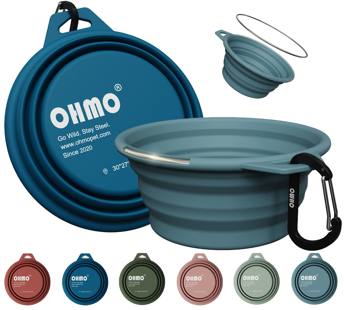OHMO Collapsible Dog Water Bowl for Travel, 2pcs, 400ml, Light Blue&Grey