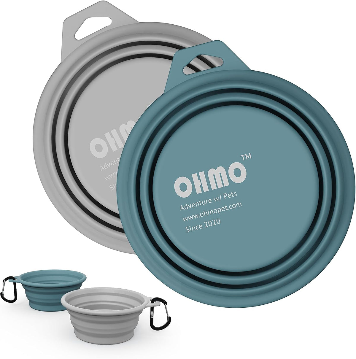 OHMO Collapsible Dog Water Bowl for Travel, 2pcs, 400ml, Light Blue&Grey