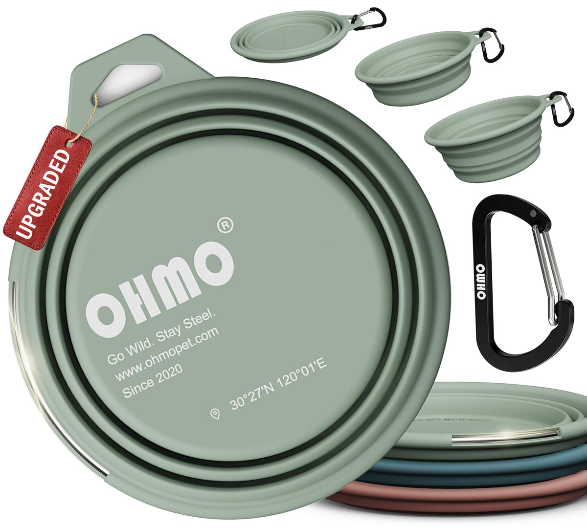 OHMO Collapsible Dog Water Bowl for Travel, 2pcs, 400ml, Light Blue&Grey