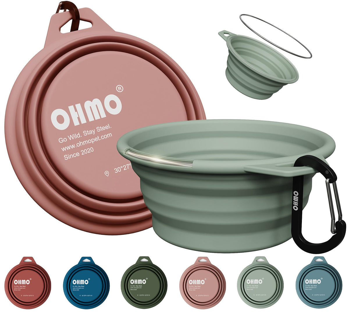 OHMO Collapsible Dog Water Bowl for Travel, 2pcs, 400ml, Light Blue&Grey
