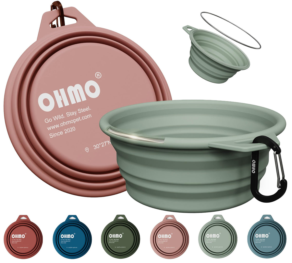 OHMO Collapsible Dog Water Bowl for Travel, 2pcs, 400ml, Light Blue&Grey