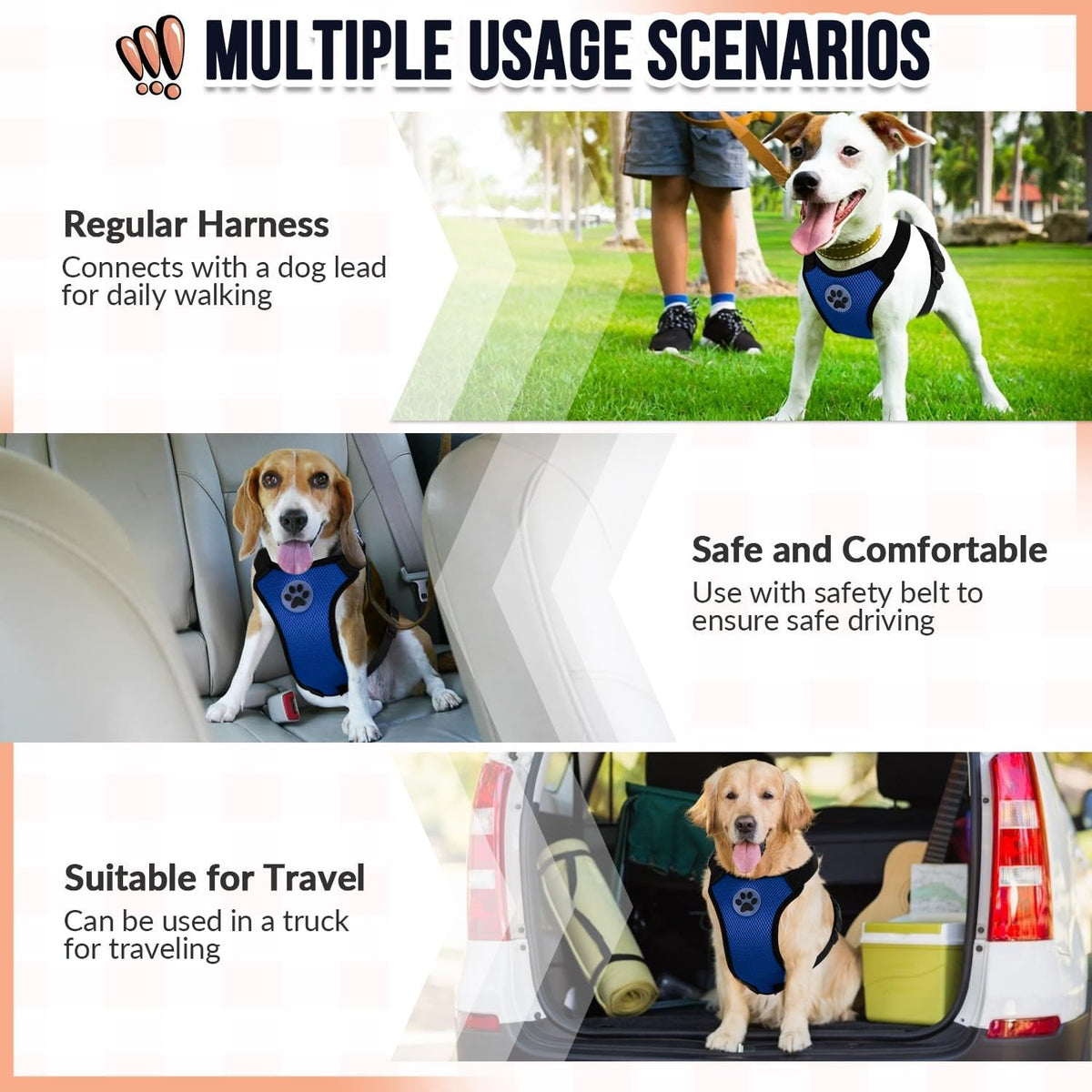 SlowTon Dog Car Vest Harness Multifunction Adjustable Double-Ring Breathable Mesh Fabric Harness for Cat Puppy Road Trip Daily Walks