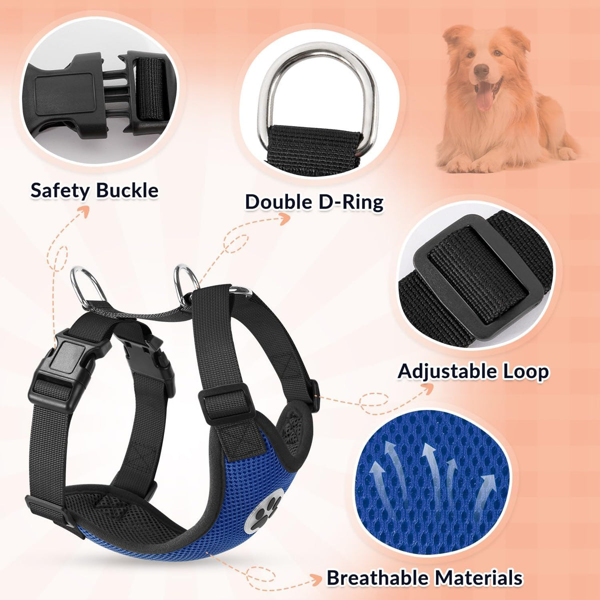 SlowTon Dog Car Vest Harness Multifunction Adjustable Double-Ring Breathable Mesh Fabric Harness for Cat Puppy Road Trip Daily Walks