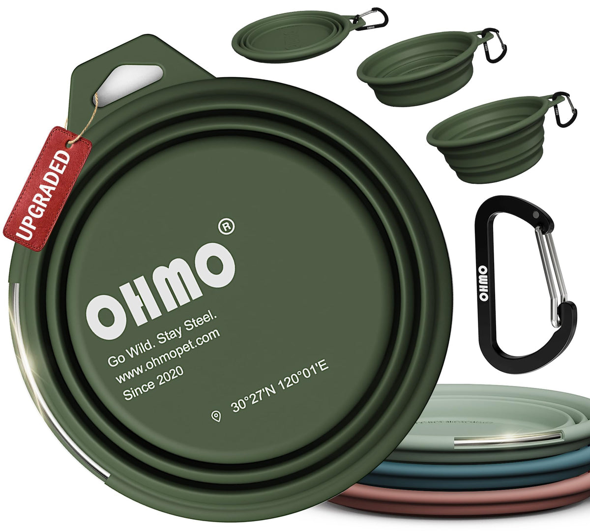 OHMO Collapsible Dog Water Bowl for Travel, 2pcs, 400ml, Light Blue&Grey