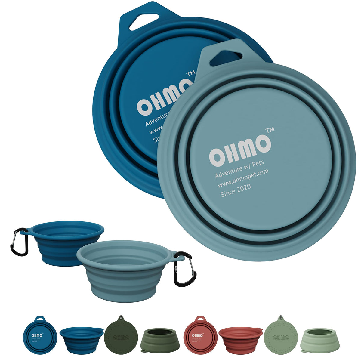 OHMO Collapsible Dog Water Bowl for Travel, 2pcs, 400ml, Light Blue&Grey
