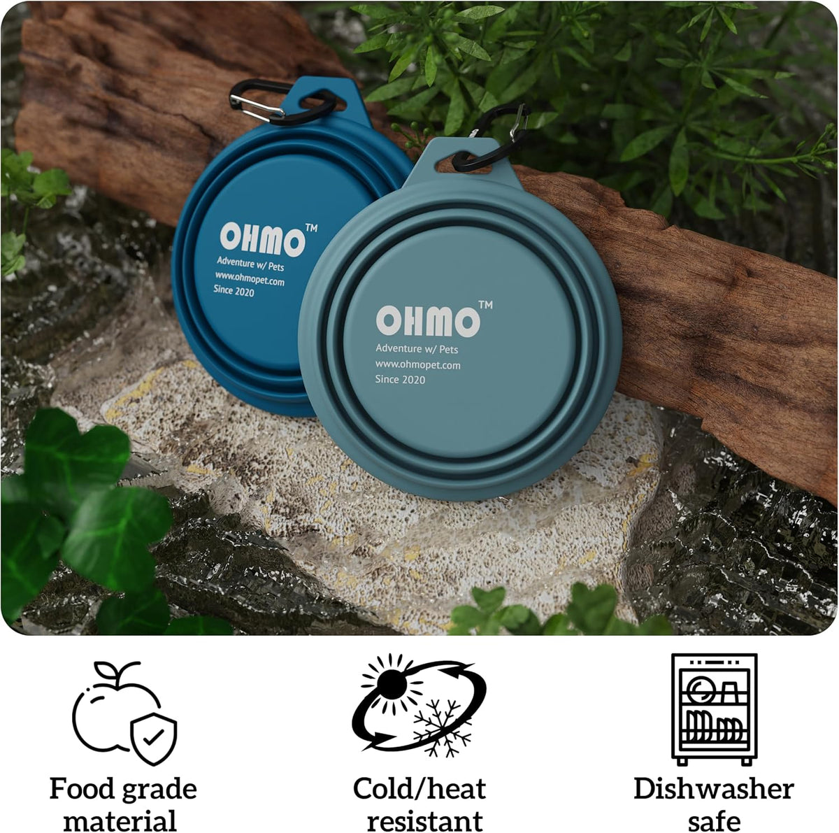 OHMO Collapsible Dog Water Bowl for Travel, 2pcs, 400ml, Light Blue&Grey