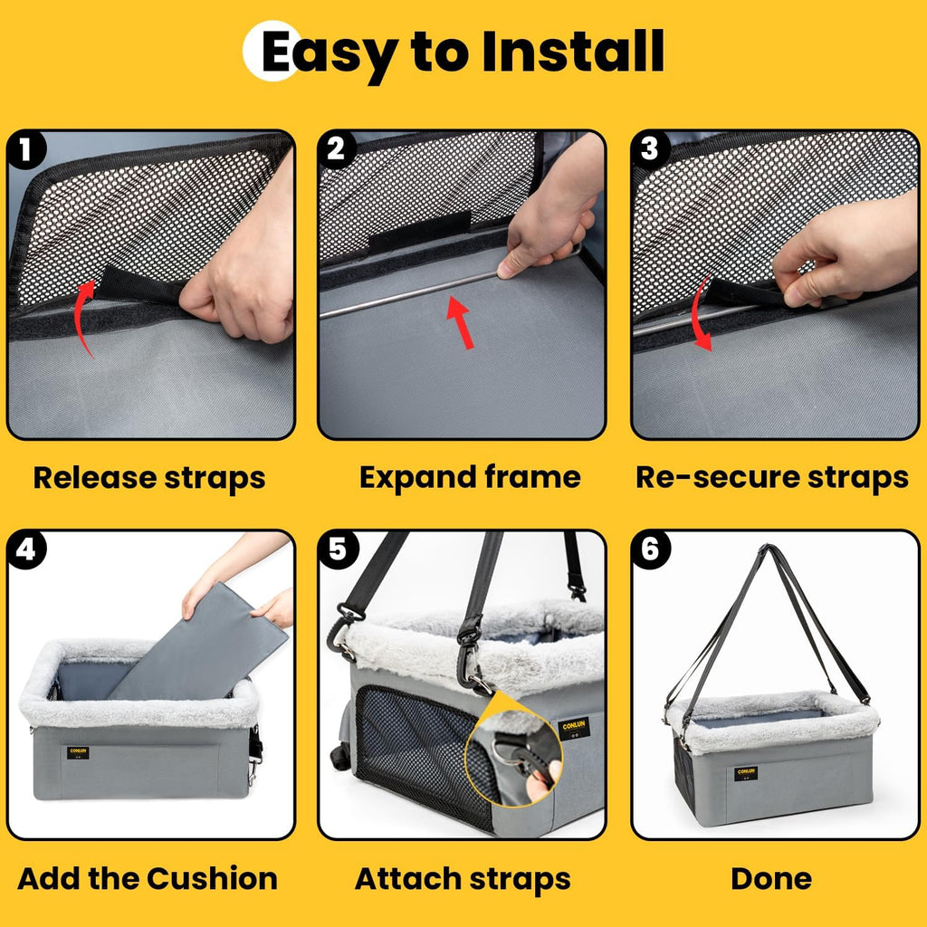 Conlun Dog Car Seat Booster | Steel Frame Anti-Collapse | Small Pet | Grey
