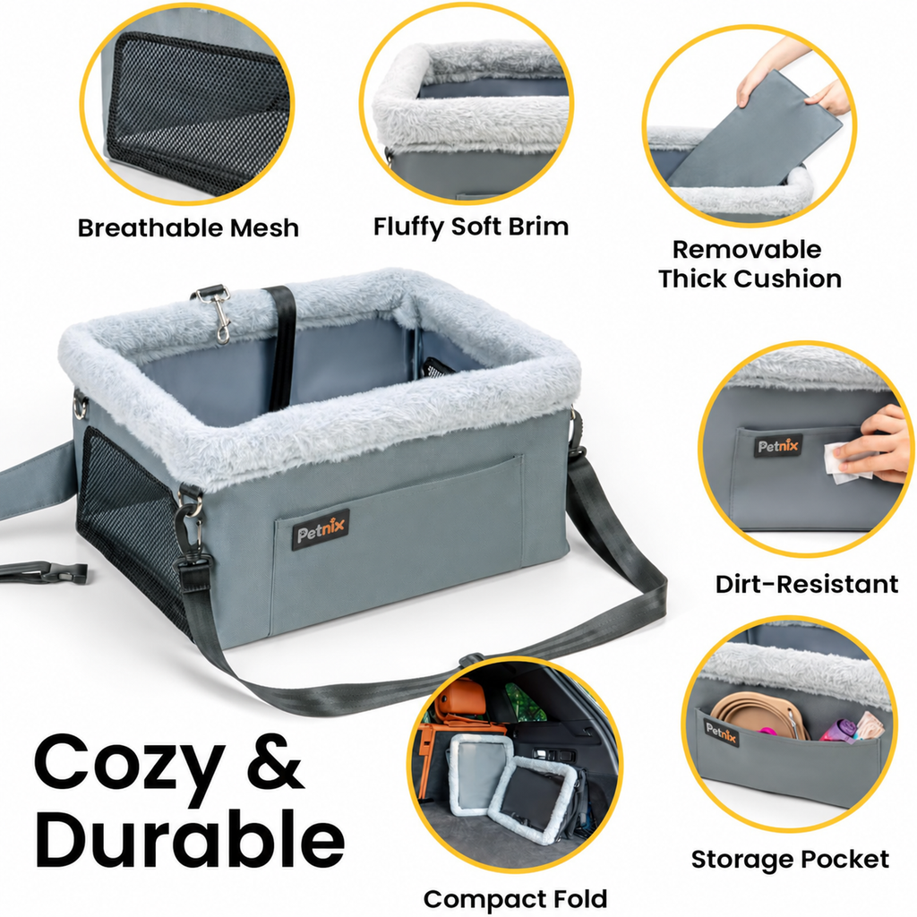 Petnix grey dog car seat with padded cushion, mesh panel and storage pocket