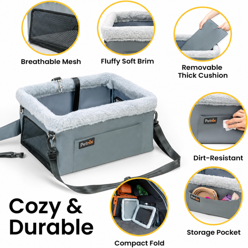 Petnix grey dog car seat with padded cushion, mesh panel and storage pocket